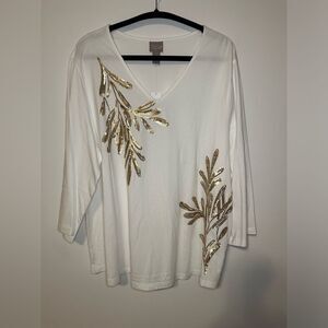 Chico’s Beaded Leaf Motif 3/4 Sleeve Tee Size 4 V Neck Pullover Top Color White